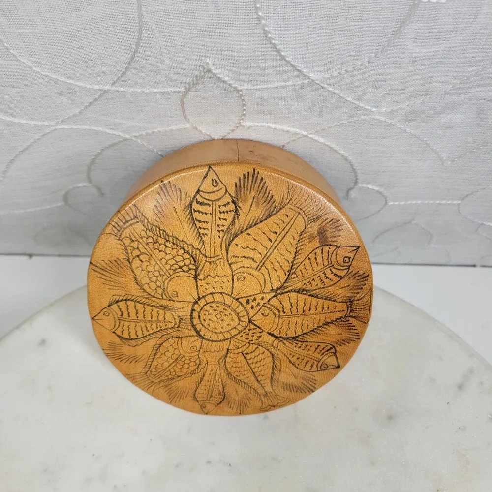 VTG Hand Painted Leather Fish Coaster Set w Storage Box Silk Back Folk Art Boho